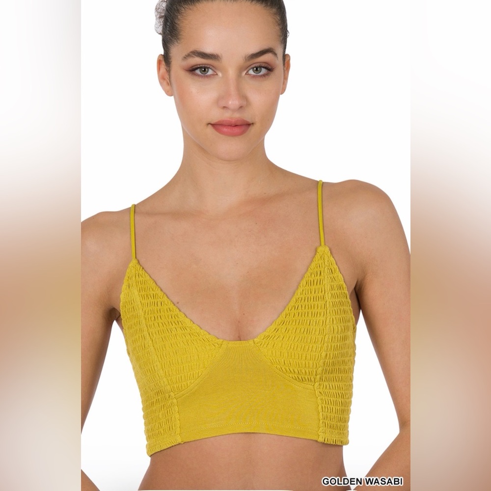 Zenana Smocked Triangle Bralette – Golden Wasabi NWT